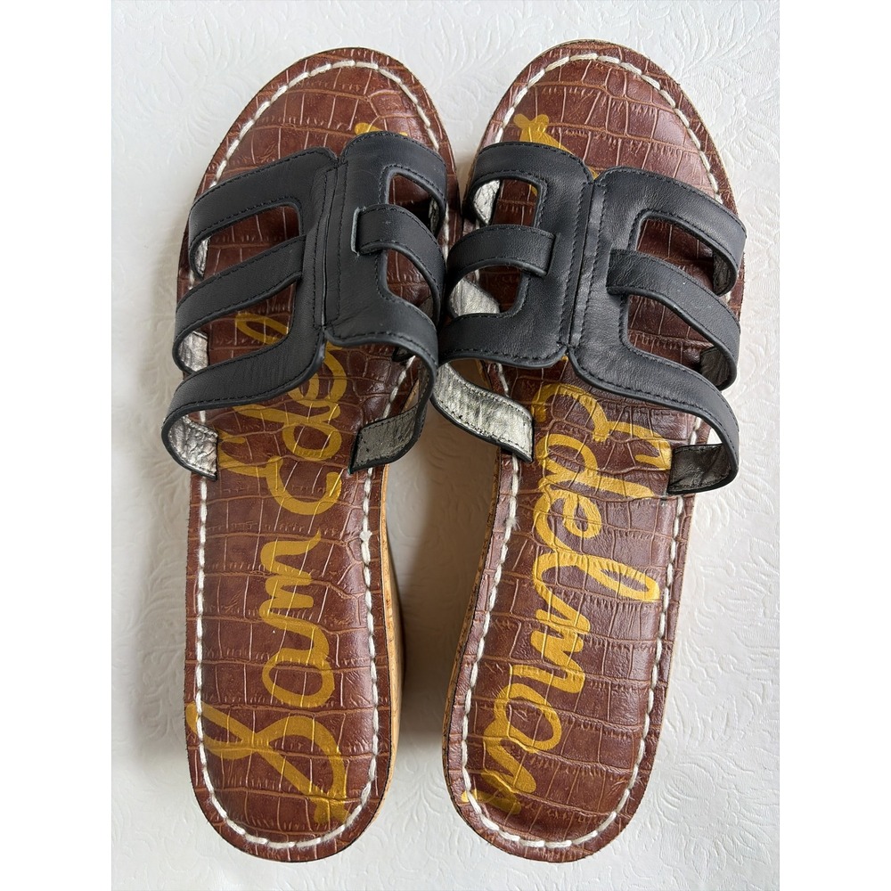Sam Edelman Ronie Logo Black Leather Cork Wedge Platform Sandals Womens 8.5 M - Picture 2 of 7